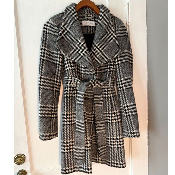 Calvin Klein Wool Blend Black and White Houndstooth Wrap Coat Jacket - Picture 1 of 9